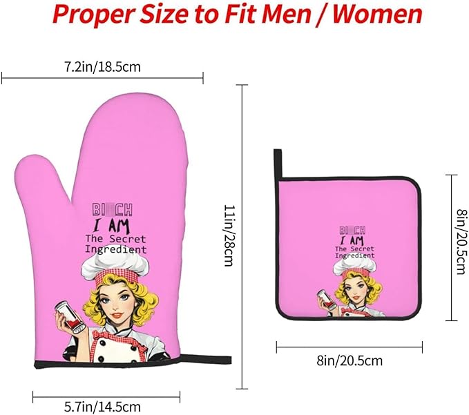 Funny Oven Mitts and Pot Holders Sets, Cute Kitchen Oven Mitts Heat Resistant Set of 3, Pink Kitchen Gloves Hot Pads, Funny Baker Gifts for Baking Lovers Women