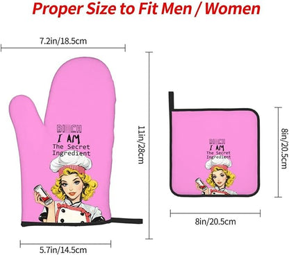 Funny Oven Mitts and Pot Holders Sets, Cute Kitchen Oven Mitts Heat Resistant Set of 3, Pink Kitchen Gloves Hot Pads, Funny Baker Gifts for Baking Lovers Women