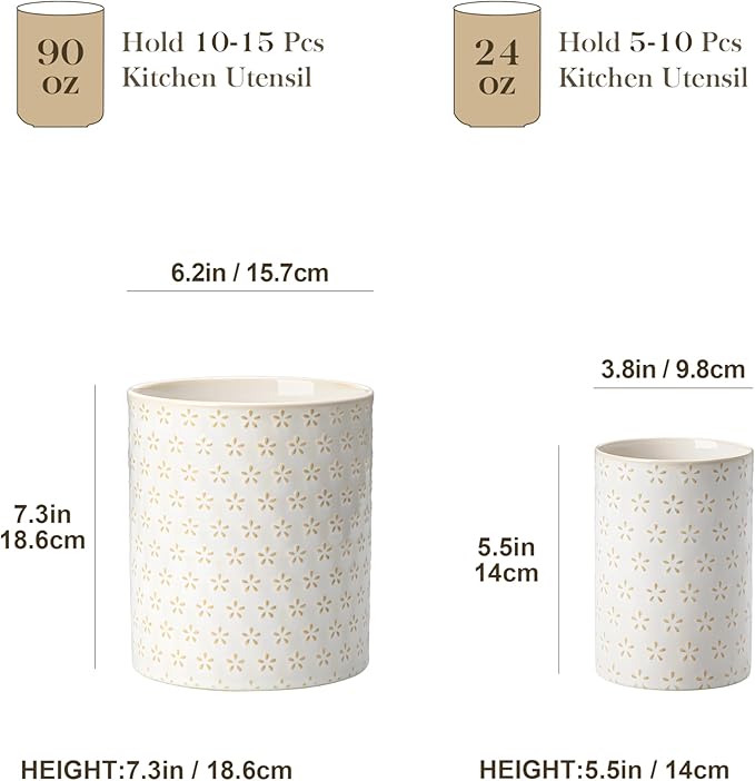 MALACASA LYDIA Ceramic Utensil Holders, 7.3"+5.5" Kitchen Utensil Crock Set for Countertop, Large & Small Utensil Organizers for Cooking Tools, Five-Leaf Grass Pattern - Image 2