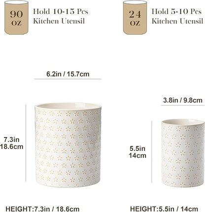 MALACASA LYDIA Ceramic Utensil Holders, 7.3"+5.5" Kitchen Utensil Crock Set for Countertop, Large & Small Utensil Organizers for Cooking Tools, Five-Leaf Grass Pattern - Image 2
