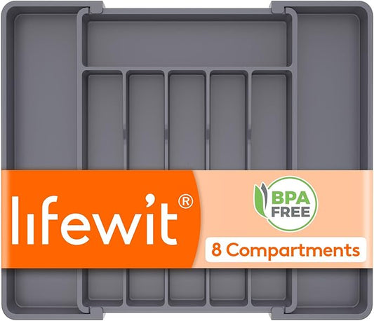 Lifewit Silverware Drawer Organizer, Expandable Utensil Tray for Kitchen, BPA Free Flatware and Cutlery Holder, Adjustable Plastic Storage for Spoons Forks Knives, 10.9"-17.5" x 13.7", Dark Grey by Lifewit