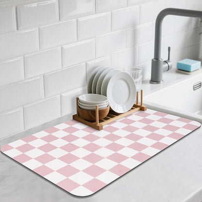CooRug Checkered Dish Drying Mat for Kitchen Counter, Absorbent Non-Slip Coffee Mat, Heat Resistant Mat for Countertops Coffee Bar Decor 12" x 20" Pink by CooRug