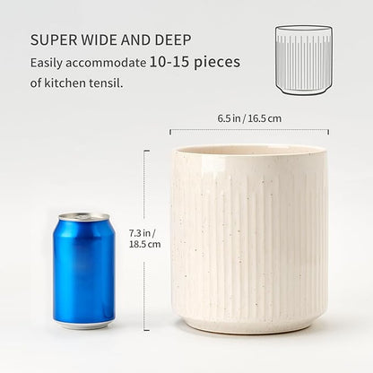 JIEMEI HOME Kitchen Utensil Holder, 7.2" Large Ceramic Stable Utensil Crock for Countertop, Utensil Organizer with Cork Mat, Removable Bamboo Divider for Easy, Kitchen Decor, Aged Ivory Speckle - Image 3