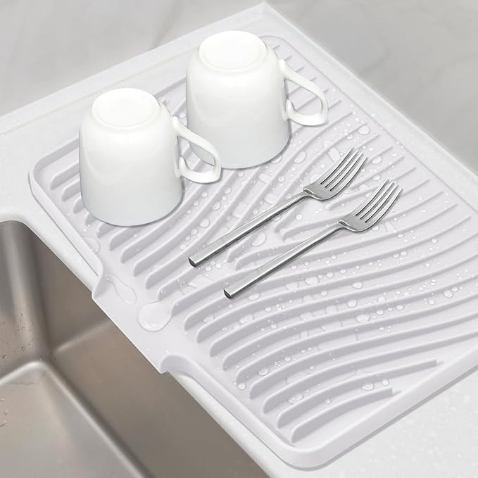 TIKNIK Silicone Dish Drying Mat, Stone Drying Mat for Kitchen Counter with Built-In Drain, Non-Slip Drain Pad with Built-in Drain, Heat Resistant Stone Drying Mat, Hangable, White-1pcs, 16" x 12" by TIKNIKHomeOutdoor
