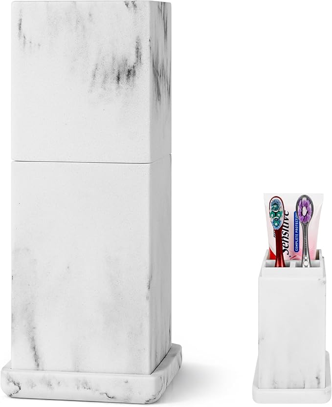 Linkidea Countertop Manual Toothbrush Holder with Lid, Resin 3 Slots Brush and Toothpaste Stand, Organizer Compatible with Oral-B CrossAction, Colgate Extra Clean (White)