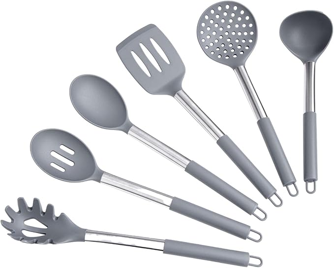 Silicone Kitchen Utensils Set - Culinary Couture 6-Pieces Grey Silicone Cooking Utensils Set for Nonstick Cookware - Stainless Steel Handle