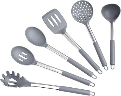 Silicone Kitchen Utensils Set - Culinary Couture 6-Pieces Grey Silicone Cooking Utensils Set for Nonstick Cookware - Stainless Steel Handle