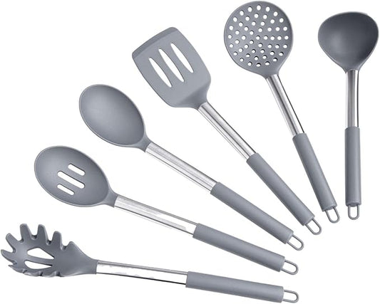 Silicone Kitchen Utensils Set - Culinary Couture 6-Pieces Grey Silicone Cooking Utensils Set for Nonstick Cookware - Stainless Steel Handle