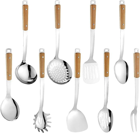 9pcs Cooking Utensils Set 304 Stainless Steel Kitchen Utensils with Wooden Hanlde Metal Kitchen Utensils Soup Ladle Set Dishwasher Safe Kitchen Essentials Set Kitchen Tool Set, Dishwasher Safe by Lazycorner