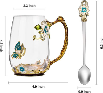 OEAGO Birthday Gifts for Women Mom Glass Coffee Enamels Mug Best Mothers Day Butterfly Gifts for Her from Daughter Son Lead-Free Christmas Tea Cup with Spoon Sets - Image 2
