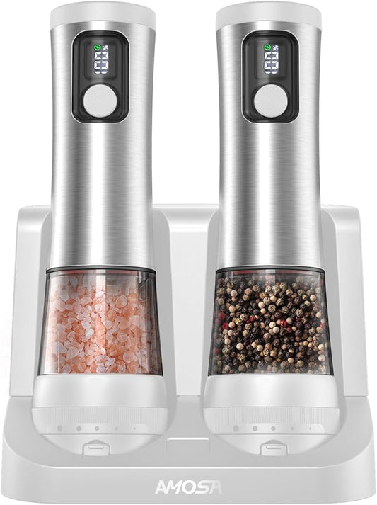 Electric Salt and Pepper Grinder Set, Upgraded 2-Speed Setting, External 5 Adjustable Coarseness, Battery Display Rechargeable Base, Stainless Steel Automatic Salt & Pepper Shaker Mill with LED, White by AMOSA