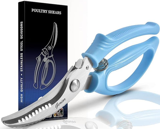 Heavy Duty Poultry Shears - Kitchen Scissors for Cutting Chicken, Poultry, Game, Meat - Chopping Vegetable - Spring Loaded - Blue
