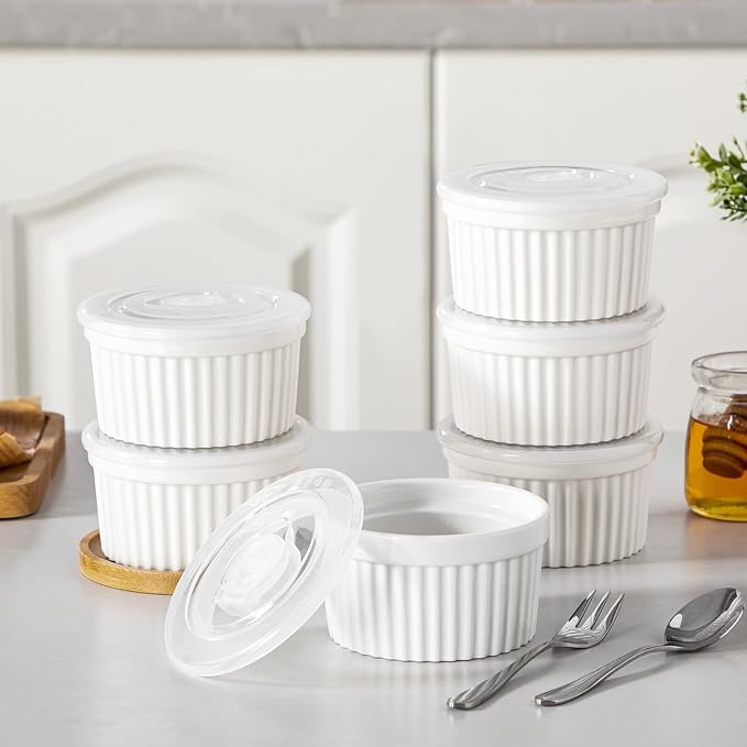 vancasso 8 oz Ramekins with Lid, Porcelain Creme Brulee Souffle Dishes, White Pudding Custard Cups Ramiken for Baking, Dishwasher and Oven Safe, Set of 6 - Image 6