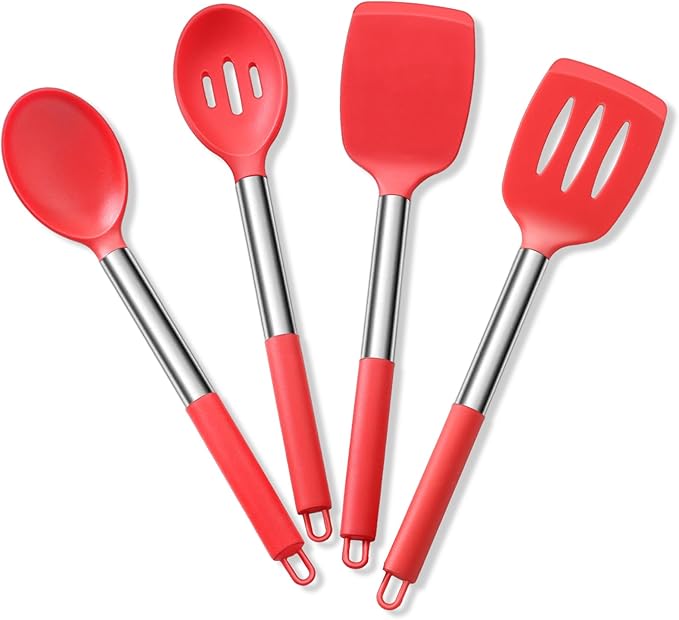 Cooking Utensils Set of 4, E-far Silicone Kitchen Utensils for Non-stick Cookware, Heat Resistant & Non-toxic Slotted Spatula Solid Spoon Turner for Flipping Mixing Serving Basting(Red) by E-far