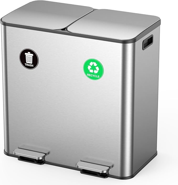 Lovewind Dual Trash and Recycling Bins for Kitchen, 2 * 11-Gallon Stainless Steel Double Trash Can, Step-On Garbage and Recycle Combo, Quiet Close, Pet-Proof, Compatible with 13-Gallon Bags, Silver by LOVEWIND