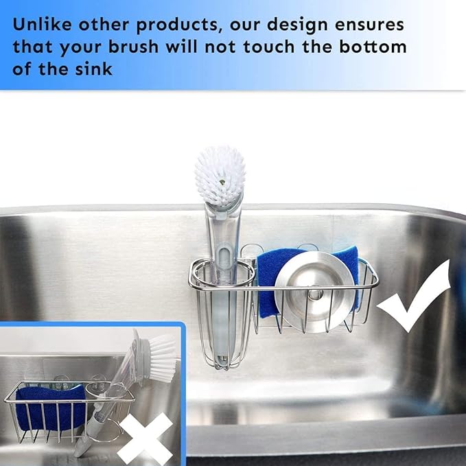 HULISEN 3-in-1 Sponge Holder for Kitchen Sink with Dish Brush Holder, Stainless Steel Caddy for Soap, Scrubber, No Drill and Rustproof, Silver - Image 3