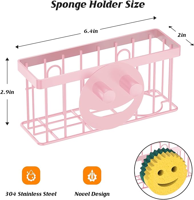 MURLONG Sponge Holder Smiley Face,Sink Caddy,Sink Organizer with 2 Suction Cups/1 Adhesive Strips,Designed for Sponge,Soap,Dish Brush,Scrubber - Pink - Image 2