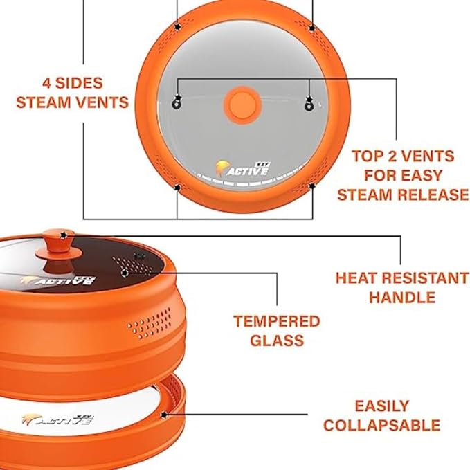 Collapsible Microwave Cover for Food - Silicone and Glass Splatter Guard Lid for 6-12 inch Plates & Bowls, Dishwasher Safe, Heat Resistant, BPA-Free, Orange - Image 3