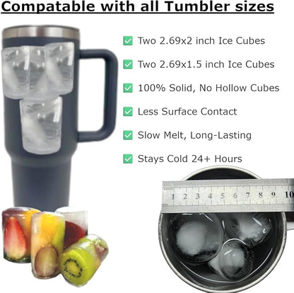 Large 2+ inch cylinder Ice Cubes for Tumblers, Stanley cup accessories, Silicone ice cube tray, makes solid slow melt cubes for cocktails, travel and sport water bottles, Whiskey, popsicles molds