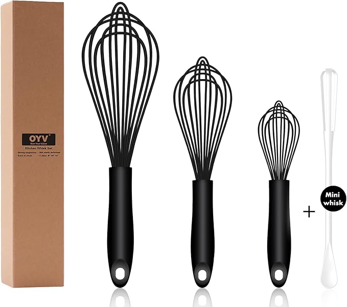 OYV Dishwasher Safe Silicone Whisk, Sealed Waterproof Design Set of 3, Professional Kitchen Whisks for Cooking Non-Scratch, Silicone & Stainless Steel Whisk, Heat Resistant Balloon Egg Beater, Black by OYV