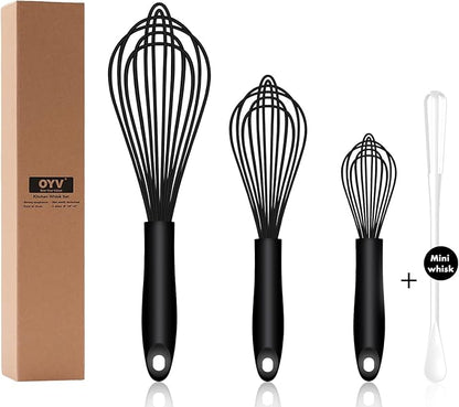 OYV Dishwasher Safe Silicone Whisk, Sealed Waterproof Design Set of 3, Professional Kitchen Whisks for Cooking Non-Scratch, Silicone & Stainless Steel Whisk, Heat Resistant Balloon Egg Beater, Black by OYV