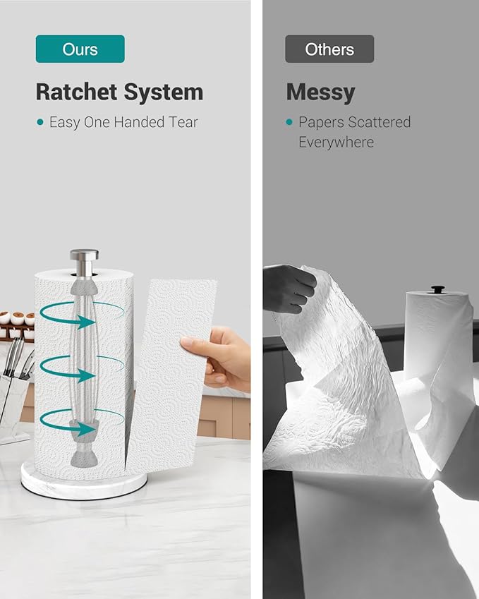 Marble Paper Towel Holder Countertop, Stainless Steel, One-Handed Tear, Freestanding Paper Towel Stand Rack with Ratchet Mechanism for Kitchen Toilet Bathroom Essentials Decor Accessories, Silver - Image 3