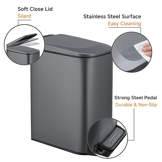 TIPGO Slim Bathroom Trash Can with Lid Soft Close, 6 Liter / 1.6 Gallon Stainless Steel Garbage Can with Removable Inner Bucket, Step Pedal, Small Trash Cans for Bedroom, Office, Kitchen (Grey) - Image 3