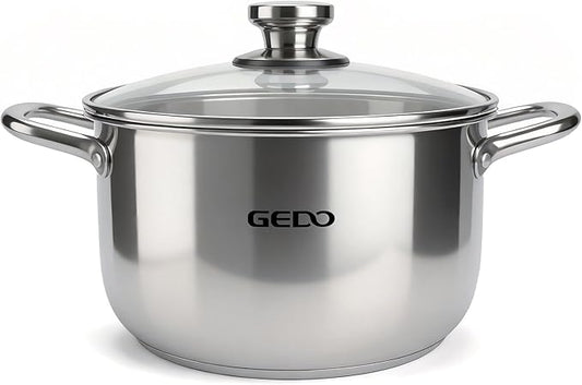 GEDO Stainless Steel Stock Pot with Glass Lid, 304 Grade Premium Soup Pot, Silver, Double Handle, for Kitchen Cooking (9.43in/24cm size) by GEDOGuardianofFamilyHealth