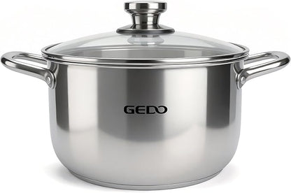 GEDO Stainless Steel Stock Pot with Glass Lid, 304 Grade Premium Soup Pot, Silver, Double Handle, for Kitchen Cooking (7.07in/18cm size) by GEDOGuardianofFamilyHealth