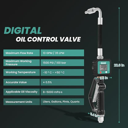 Digital Oil Control Valve Flow Meter Dispenser Nozzle, Pneumatic Oil Gun Dispenser with 1/2" NPT Inlet, Air Operated Digital Metering Dispensing Gun - Max Working Pressure 1500 PSI / 100 bar