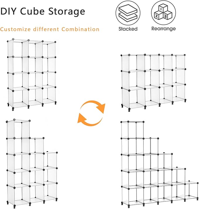 AWTATOS Cube Storage Organizer Storage 12 Cube Bookshelf DIY Plastic Closet Storage Shelves with Wooden Mallet, Ideal Storage Solution for Home, Bedroom, Translucent White - Image 6