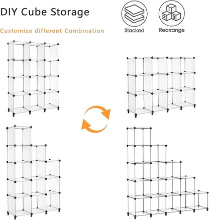 AWTATOS Cube Storage Organizer Storage 12 Cube Bookshelf DIY Plastic Closet Storage Shelves with Wooden Mallet, Ideal Storage Solution for Home, Bedroom, Translucent White - Image 6