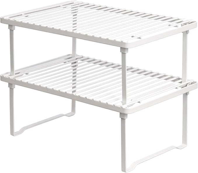 Amazon Basics Space-Saving Stackable Metal Kitchen Cabinet Organizer Shelves for Dishes, Pantry Organization, 12.5" L x 8" D x 4.5" H, Set of 2, White by AmazonBasics