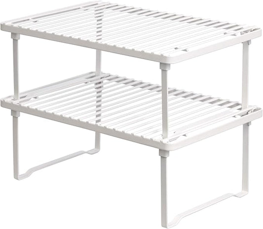 Amazon Basics Space-Saving Stackable Metal Kitchen Cabinet Organizer Shelves for Dishes, Pantry Organization, 12.5" L x 8" D x 4.5" H, Set of 2, White by AmazonBasics