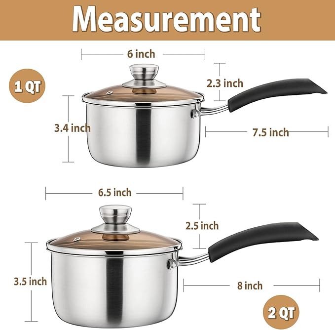 P&P CHEF 1 & 2 Quart Saucepan Small Pot, Stainless Steel Saucepan with Lid, Small Sauce Pan for Home Kitchen Restaurant Cooking, Visible Glass lid & Bakelite Heat-Proof Handles,Dishwasher Safe, 2 Pcs - Image 2