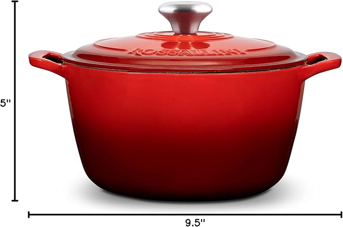 ROSSALLINI Signature Enameled Cast Iron Dutch Oven, Non-Stick Serving Pot with Tight Fitting Lid for Perfect Roasting, Baking, Sauteing, and Bread Making | 5.5Q (5.2L) - Red