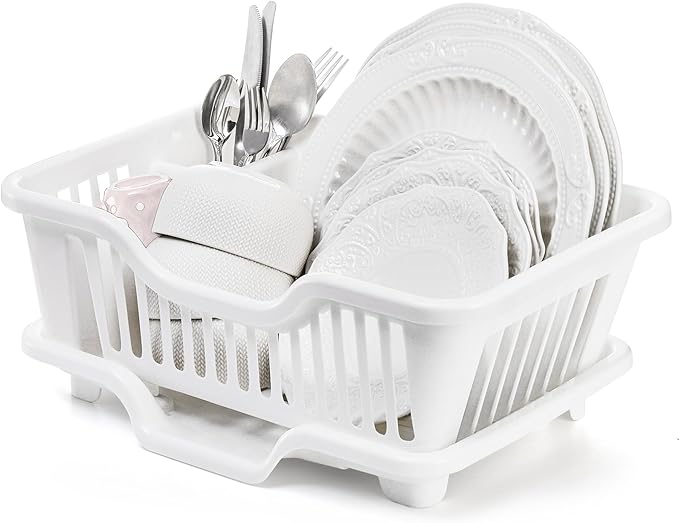 Noamus 2-Piece Plastic Dish Drying Rack, Heavy Duty Sink Set Dish Rack, White Large Drainer with Attached Drainboard Utensil Cup Holders for Home Kitchen Counter Top Organizers - Image 8