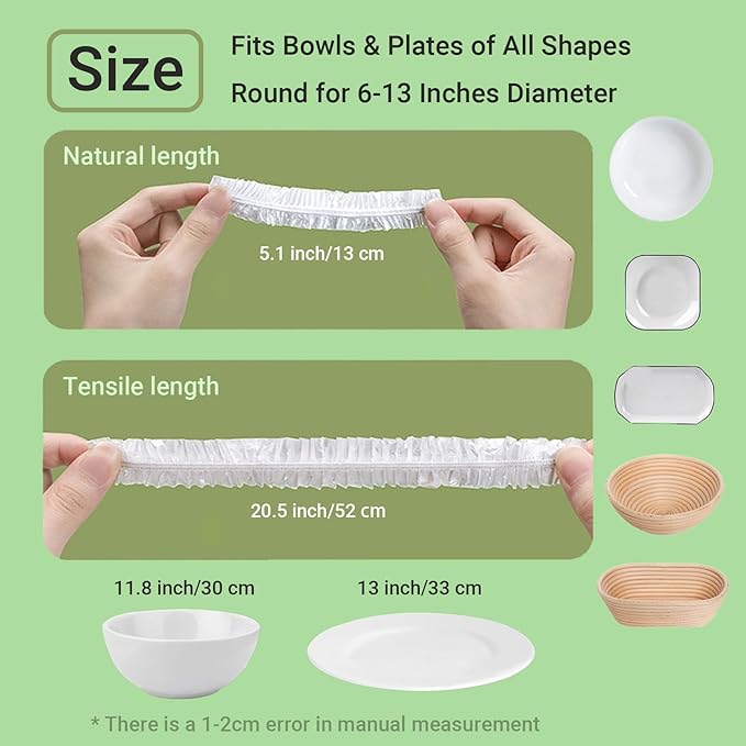 100Pcs Extra Large Plastic Bowl Covers Fits 6-13 Inch Bowls, Elastic Reusable Food Covers for Bread Proofing, Food Fresh Keeping & Dust Protection