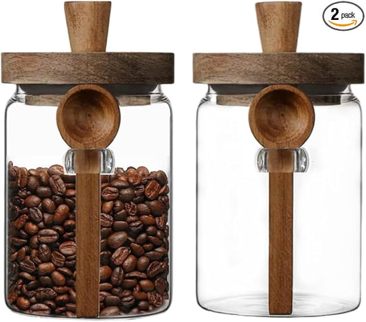ANSQU Set of 2 Glass Food Storage Jars with Bamboo Wood Lid and Spoon, 20.3oz Glass Kitchen Canisters for Coffee, Tea, Cereal, Spice and Canning, Mason Jars, Cute Jars