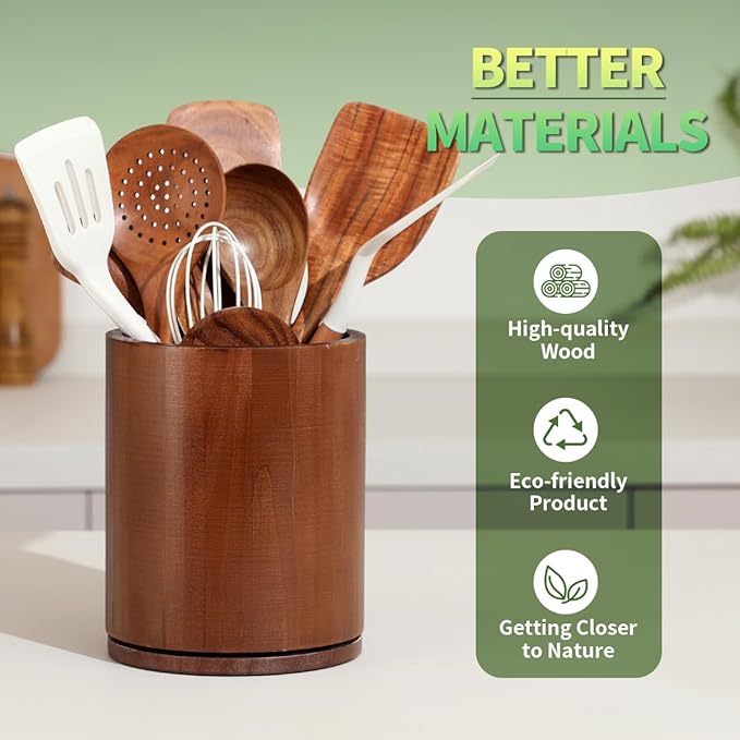 Wooden Utensil Holder, 360°Rotating 7.3'' Large Utensil Holder for Kitchen Counter, Kitchen Utensil Organizer, Utensil Crock, Farmhouse Kitchens Countertop Decor, Walnut-finish - Image 5