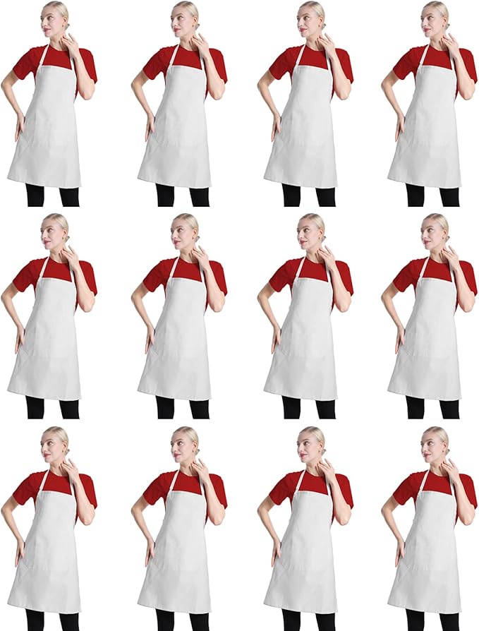 12 Pcs Bib Bulk White Aprons for Women Men Adult Girls Unisex with 2 Pockets, Baking Cooking Kitchen Painting Apron (White,12 pcs) by TSDSTORY