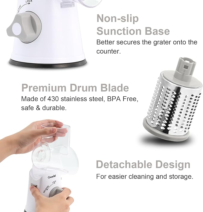 Geedel Rotary Cheese Grater, Kitchen Mandoline Vegetable Slicer with 3 Interchangeable Blades, Easy to Clean Rotary Grater Slicer for Fruit, Vegetables, Nuts - Image 6