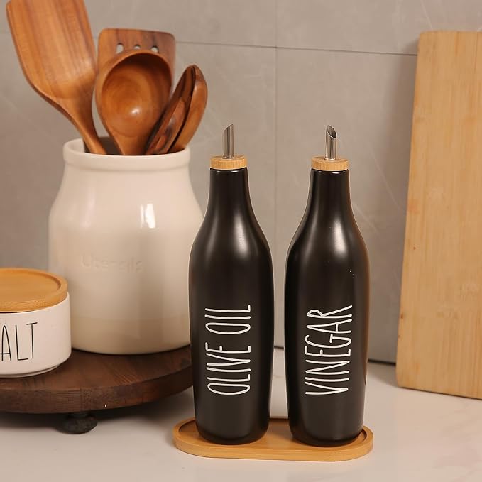 HOMCDALY Ceramic Olive Oil Dispenser for Kitchen, Stoneware 16oz Oil Cruet and Vinegar Bottles Dispenser, Kitchen Dispenser Bottle for EVOO Vinegar Syrups, Modern Farmhouse Design(B-O) - Image 7