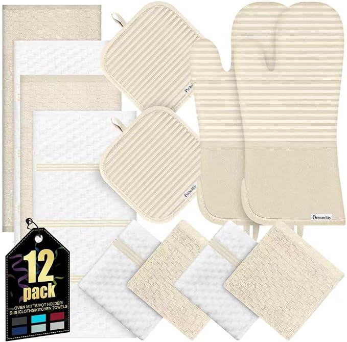 Oven Mitts Kitchen Towels and Dishcloths with Pot Holders Sets, Oven Gloves Hot Pads 500°F Heat Resistant with Silicone Grip, Include 2 Cooking Gloves/2 Potholders/4 Kitchen Towels/4 Dish Towels by KacNacPro
