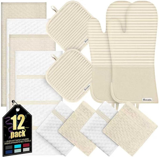 Oven Mitts Kitchen Towels and Dishcloths with Pot Holders Sets, Oven Gloves Hot Pads 500°F Heat Resistant with Silicone Grip, Include 2 Cooking Gloves/2 Potholders/4 Kitchen Towels/4 Dish Towels by KacNacPro