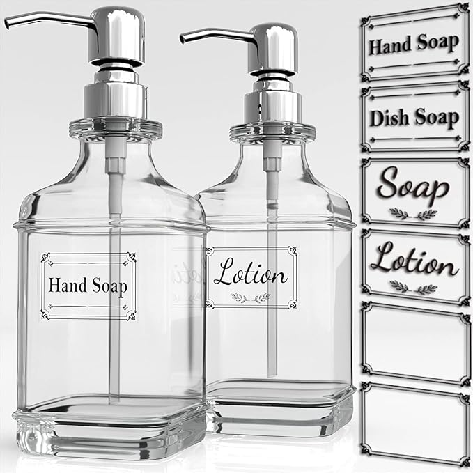 GLADPURE Soap Dispenser - 2 Pack, 18 Oz Antique Design Thick Glass Hand Soap Dispensers; with 304 Rust Proof Stainless Steel Pump, 6Pcs Clear Stickers, for Kitchen, Bathroom - Silver by GLADPURE