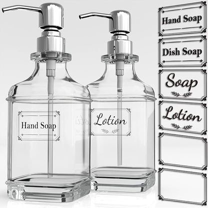 GLADPURE Soap Dispenser - 2 Pack, 18 Oz Antique Design Thick Glass Hand Soap Dispensers; with 304 Rust Proof Stainless Steel Pump, 6Pcs Clear Stickers, for Kitchen, Bathroom - Silver by GLADPURE