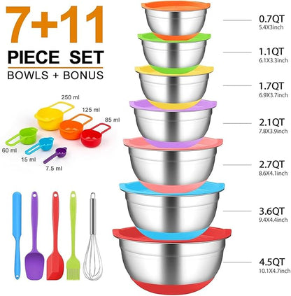 CHAREADA Mixing Bowls with Airtight Lids, 18pcs Stainless Steel Nesting Mixing Bowls Set Non-slip Silicone Bottom, Size 4.5, 3.6, 2.7, 2.1, 1.7, 1.1, 0.7 qt, Fit for Mixing & Serving(Colorful) - Image 4