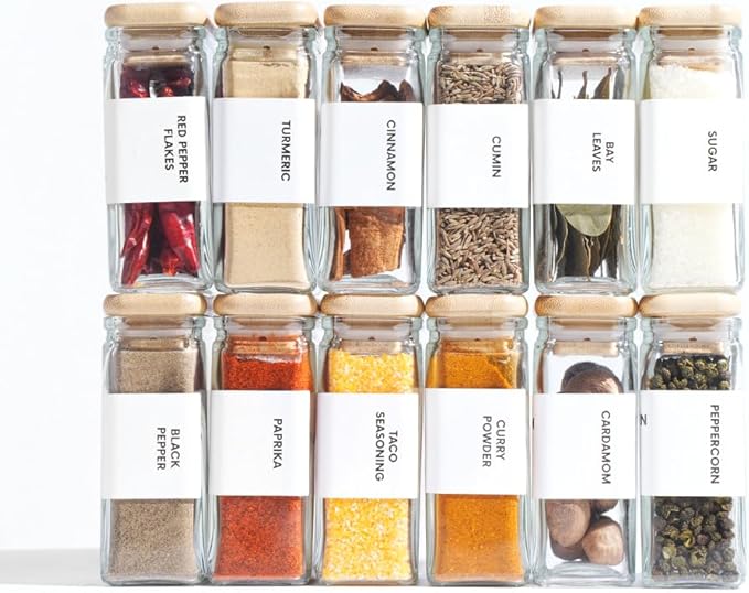 APT 1101 Glass Storage Jars with Bamboo Lid, glass canisters with airtight lids, Clear jars with lids for Spice, Cookie, Candy, Tea, Coffee Bean and Rice (White, Spice Jar Set (4 oz, set of 12)) - Image 2