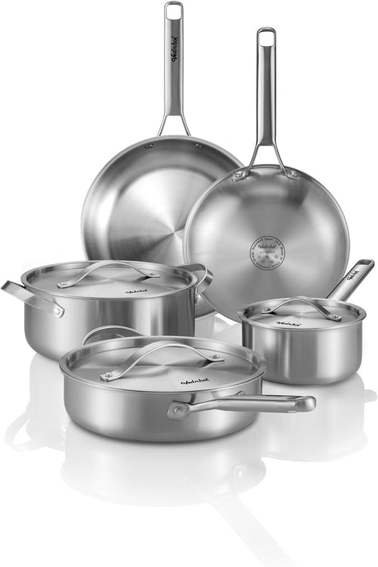 Stainless Steel Cookware Set, 8 Pcs Tir-Ply Pots and Pans Set, PFOA&PTFE Free, Dishwasher&Oven Safe, Kitchen Induction Compatible, ollas de acero inoxidable para cocinar by VEDNHOL